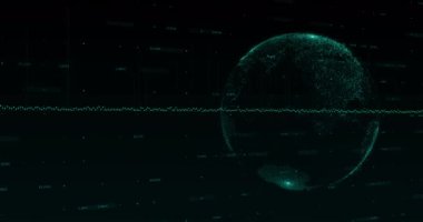 Siyah arkaplanda mavi bir küre üzerinde yüzen mavi bloklarla yukarı ve aşağı giden mavi noktalardan oluşan mavi bir grafiğin animasyonu. Küresel ekonomi borsa konsepti dijital kompozisyon