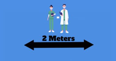 Yüz maskesi takan doktorların sosyal mesafesi mavi arka planda 2 metre sosyal mesafeli metin ve oklarla kesişiyor. Global Covid 19 koronavirüs pandemik konsept dijital olarak üretilen görüntü.