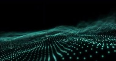 Birden fazla yeşil noktanın animasyonu siyah arkaplanda hipnotik hareketle hareket eden örgüler oluşturuyor. Renk ve hareket kavramı dijital olarak oluşturuldu.