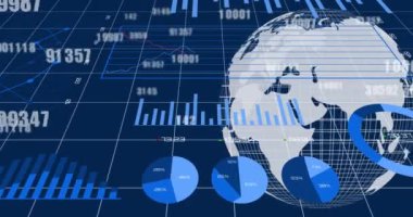 Değişen sayılarla arayüzün animasyonu, istatistik kaydının üzerinde dönen dünya. Küresel ağ işletme finans ekonomisi kavramı dijital olarak oluşturulmuş görüntü.