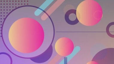 Mavi ve kırmızı çizgileri olan yüzen turuncu kürelerin animasyonu ve gradyan kahverengi arkaplan üzerinde mor noktalar ve daireler. Renk, ışık ve hareket kavramı dijital olarak oluşturuldu