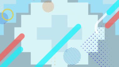 Gri, mavi ve beyaz çizgilerin, haçların ve dairelerin animasyonu soluk mavi arkaplan üzerinde grafik elementlerle hareket ediyor. Renk, ışık ve hareket kavramı dijital olarak oluşturuldu