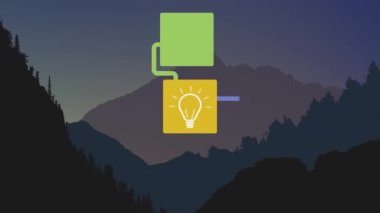 Arka plandaki dağların üzerinden renkli simgelerle bağlantı ağının animasyonu. Dijital olarak oluşturulmuş küresel ağ arayüzü kavramı.