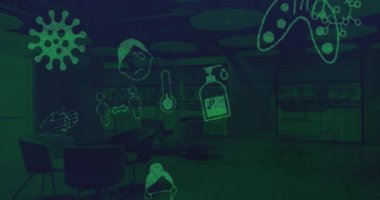 Arka plandaki boş otel lobisinde hareket eden çoklu Covid 19 koronavirüs ikonlarının animasyonu. Küresel koronavirüs Covid 19 salgın konsepti dijital olarak oluşturulmuş görüntü.