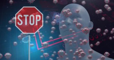 İstatistik ve 3D koronavirüs hücrelerinin dijital arayüz animasyonu dur işareti ve insan kafası modeli üzerinde yüzüyor. Global Covid 19 koronavirüs pandemik konsept dijital olarak üretilen görüntü.