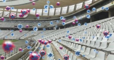 Boş stadyumun üzerinde yüzen koronavirüs hücrelerinin animasyonu. Global Covid 19 koronavirüs pandemik spor konsepti dijital olarak üretilen görüntü.