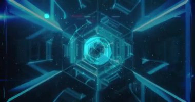 Mavi parlayan tüneldeki bağlantı ağlarıyla dijital arayüzün animasyonu. Küresel teknoloji ve bağlantı ağı konsepti dijital olarak oluşturulmuş görüntü.