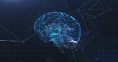 Mavi arka planda bağlantıları ve veri işleme ağı olan 3D mavi insan beyninin animasyonu. Küresel tıp bilimi araştırma konsepti dijital olarak oluşturulmuş görüntü.