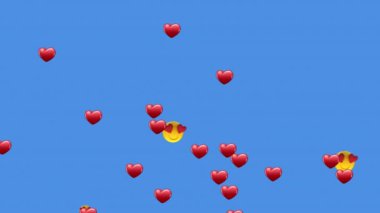 Birden fazla kalp gözü animasyonu, mavi arka planda süzülen emoji ve kalp ikonlarıyla karşılaşıyor. Dijital olarak oluşturulan küresel sosyal medya ağı konsepti.