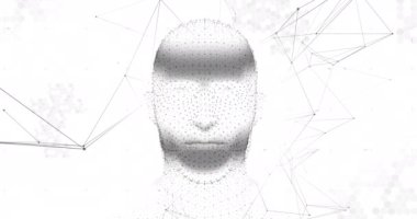 Beyaz arka planda bağlantı ağı ve veri işleme ağı ile parlayan üç boyutlu gri insan kafası modelinin animasyonu. Küresel tıp bilimi araştırma konsepti dijital olarak oluşturulmuş görüntü.