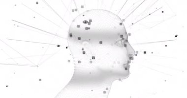 Beyaz arka planda bağlantıları ve veri işleme ağı olan 3D beyaz, parlayan insan kafası modeli animasyonu. Küresel tıp bilimi araştırma konsepti dijital olarak oluşturulmuş görüntü.