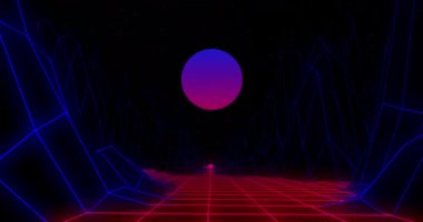 Pembe ile mor parlayan dünyanın animasyonu ve video oyununun siyah arka planında hareket eden 3D harita çizgileri. Renk ışığı hareketi konsepti dijital olarak oluşturuldu.