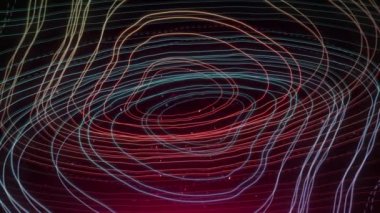 Siyah zemin üzerinde hareket eden ışık noktalarıyla pembe ve mavi topografik çizgi katmanlarının animasyonu. Soyut uzay doğası enerji kavramı dijital olarak oluşturulmuş görüntü