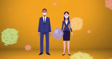 Yüz maskesi takan insanların, yüzen koronavirüs hücreleri ve turuncu arka planda ok ile sosyal mesafeyi korumalarının animasyonu. Global Covid 19 koronavirüs pandemik konsept dijital olarak üretilen görüntü.