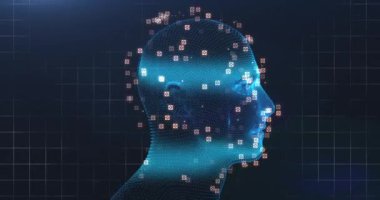 Mavi zemin üzerinde bağlantı ağı ve veri işleme ağı olan 3D mavi parlayan insan kafası modeli animasyonu. Küresel tıp bilimi araştırma konsepti dijital olarak oluşturulmuş görüntü.