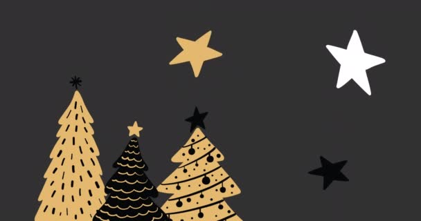 三棵圣诞树的动画 三颗星星在灰色背景上移动 圣诞佳节的概念数字生成的图像 — 图库视频影像