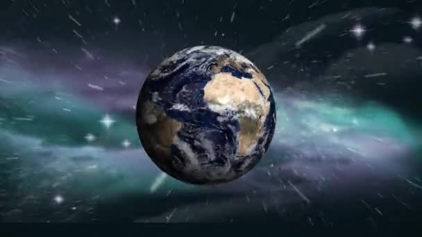 Animação Planeta Terra Girando Com Várias Estrelas Brilhantes Galáxia Nuvens — Vídeo de Stock