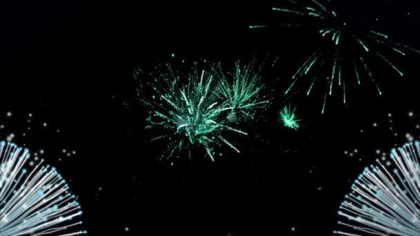 Animación Las Estaciones Saludos Texto Verde Con Fuegos Artificiales Brillantes — Vídeo de stock