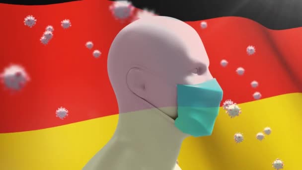 在大型Covid 19细胞上飘扬的德国国旗和戴着面具的3D人头模型的动画 Covid Coronavirus国家健康安全概念数字复合材料 — 图库视频影像