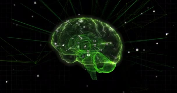 Animation Green Glowing Human Brain Network Connections Data Processing Black — Stock Video