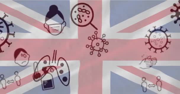 Animatie Van Meerdere Covid Coronavirus Pictogrammen Bewegen Britse Vlag Achtergrond — Stockvideo