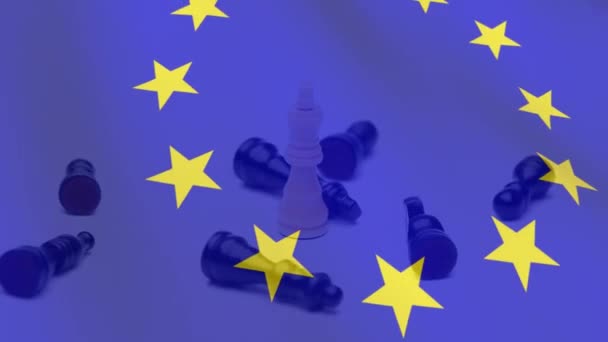 Animation Waving European Union Flag Yellow Stars Spinning Chess Pieces — Stock Video