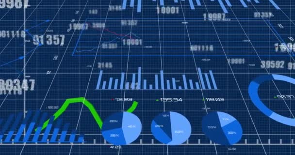緑色の線と統計記録によって変化する数字とのインターフェースのアニメーション グローバルネットワークビジネス金融経済の概念デジタル生成されたイメージ — ストック動画