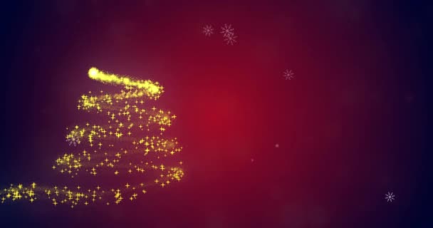 Animatie Van Gele Vallende Ster Vormen Kerstboom Patroon Meerdere Sneeuwvlokken — Stockvideo
