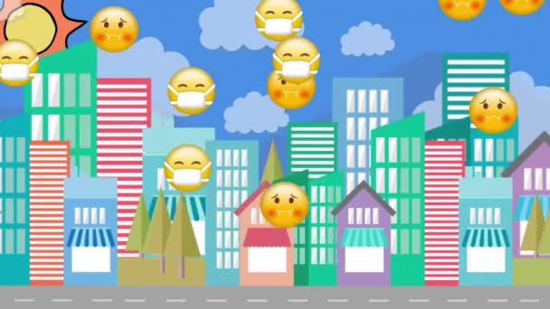 Animation Flera Illamående Och Ansiktsmask Emoji Flyter Över Stadsbilden Blå — Stockvideo