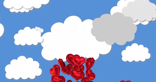 Animación Múltiples Globos Rojos Del Corazón Volando Sobre Nubes Fondo — Vídeos de Stock