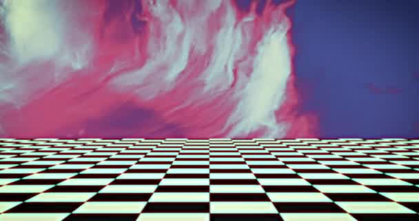 动画视频游戏屏幕与白色和粉色烟雾 网格中的黑色和白色方格线移动的蓝色背景 彩色光运动概念数字生成的图像 — 图库视频影像