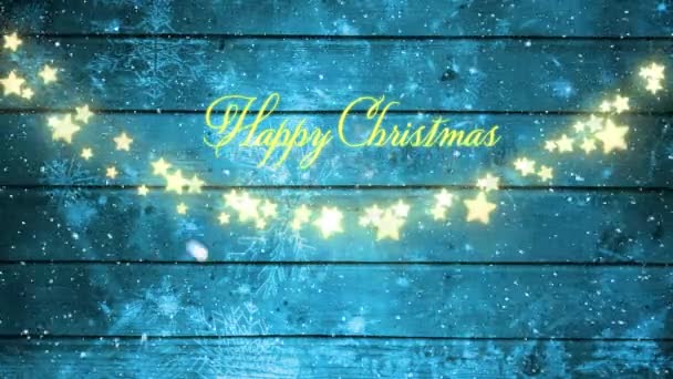 Animation Happy Christmas Text Snowflakes Fall Fairy Lights Blue Wooden — Stock videók