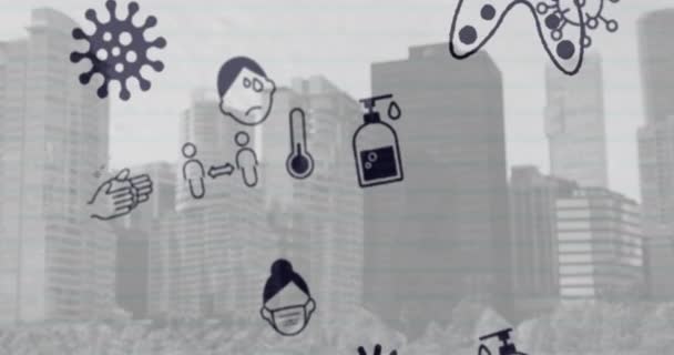 Animation Multiple Covid Coronavirus Icons Moving Cityscape Background Black White — Stock Video