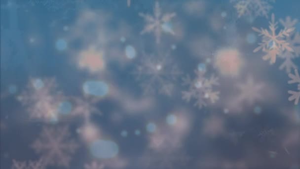 Animatie Van Meerdere Sneeuwvlokken Vallen Blauwe Vlekken Van Lichten Zweven — Stockvideo