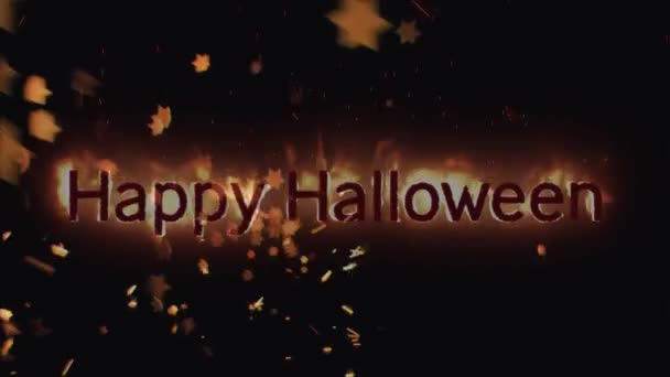 Animacja Tekstu Happy Halloween Ogniu Nad Wieloma Pomarańczowymi Gwiazdami Liście — Wideo stockowe