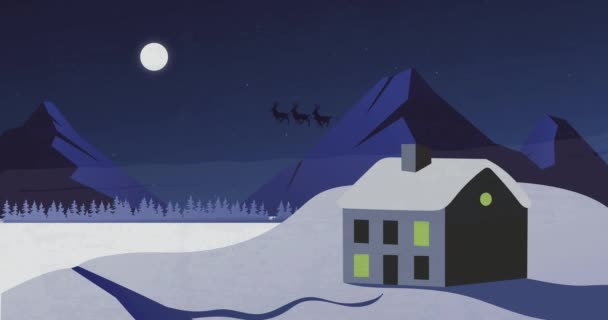 背景に満月 家や山を背景に トナカイに引っ張られていく雪の中のサンタクロースの黒いシルエットのアニメーション クリスマスの祝祭の概念デジタル的に生成されたイメージ — ストック動画