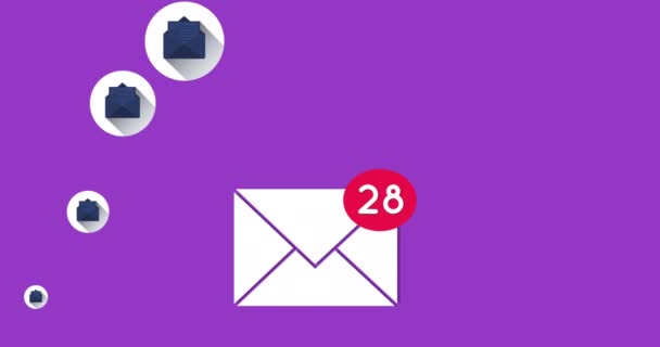 Animation Social Media Envelope Icons Numbers Growing Flying Purple Background — Stock Video