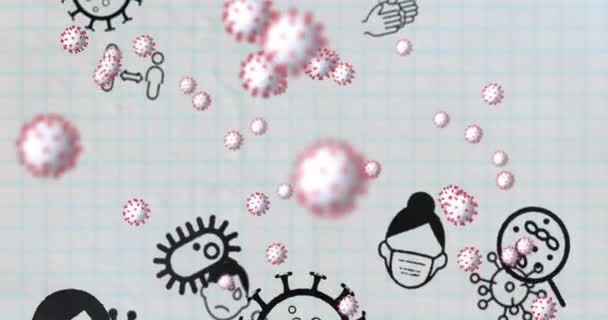 Animation Covid Cellules Icônes Flottant Sur Papier Carré Blanc Coronavirus — Video