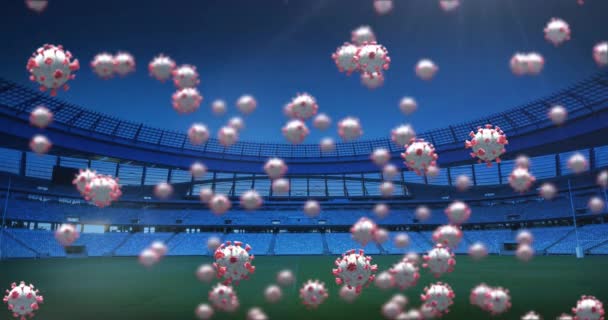 3D个冠状细胞在空荡荡的体育场上空被激活 Global Covid Coronavirus Pandemic Sport Concept Digital Generated Image — 图库视频影像