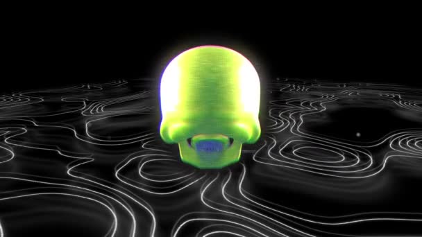波状の白い線を越えて回転する3D人間の頭蓋骨のアニメーションは 流体の動きで黒い背景を横切って移動します 概要人間の自然概念デジタル生成画像 — ストック動画