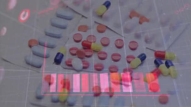 Covid 19細胞のアニメーションと統計は 錠剤の投薬に関する症例を示しています 全球コロナウイルスCovid 19パンデミックの概念デジタル生成画像 — ストック動画