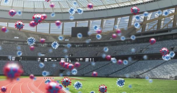 Animation Coronavirus Cells Floating Empty Stadium Global Covid Coronavirus Pandemic — Stock Video