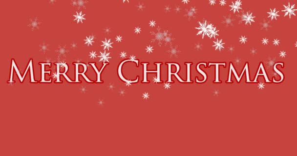 赤い背景に落ちる複数の雪片とメリークリスマスのテキストのアニメーション クリスマス祭の伝統的なお祝いのコンセプトデジタル生成されたイメージ — ストック動画