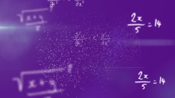 数学方程的动画化和在紫色背景上以白色颗粒形成的三维Dna链的旋转 全球医学研究科学概念数字生成图像 — 图库视频影像