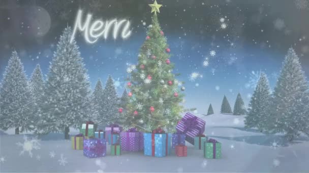 Анімація Веселого Різдвяного Тексту Різдвяною Ялинкою Подарунками Кількома Сніжинками Падають — стокове відео