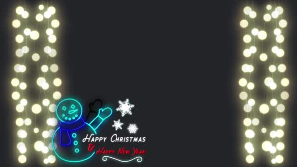 Анимация Текста Счастливого Рождества Счастливого Нового Года Неоновым Снеговиком Перчатками — стоковое видео