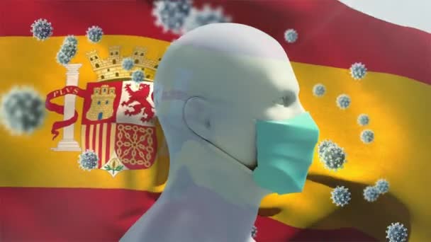 Animação Bandeira Espanhola Acenando Sobre Células Macro Covid Flutuando Modelo — Vídeo de Stock