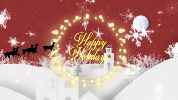 Animation Des Textes Frohe Feiertage Mit Leuchtenden Lichtern Geschenken Schneeflocken — Stockvideo