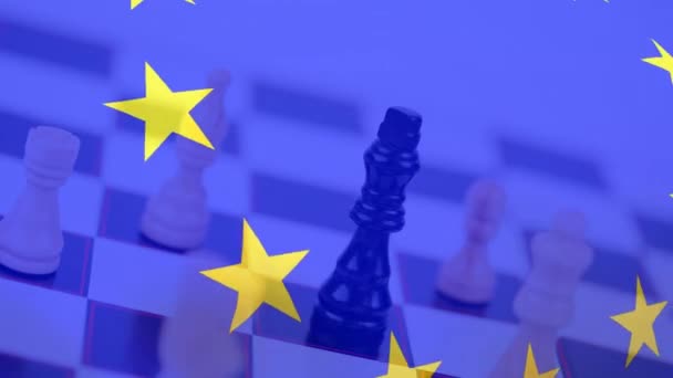 Sarı Yıldızlı Avrupa Birliği Bayrağı Mavi Arkaplanlı Satranç Tahtası Animasyonu — Stok video