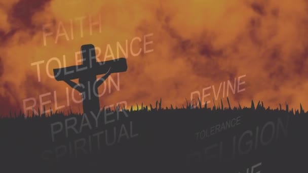 Animation Der Wörter Religion Spiritualität Glaube Toleranz Über Christlichem Kreuz — Stockvideo